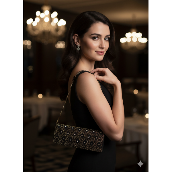Evening Bag - Clutch - Velvet - Beaded + Rhinestone - Gold - BG-EV6542BGD